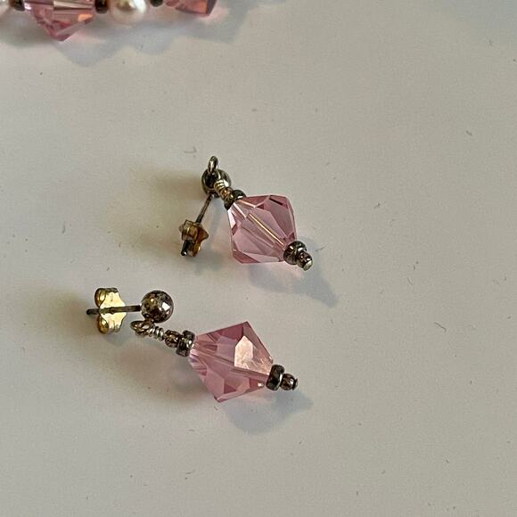 Rose Pink Austrian Crystals & Pearls 16” Necklace Matching Post earrings Set - Picture 8 of 11